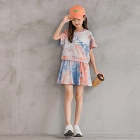 girls tie dye skirts set summer 5 12y young children casual cotton clothing suit kid o neck short sleeve letter tops outfit 2022