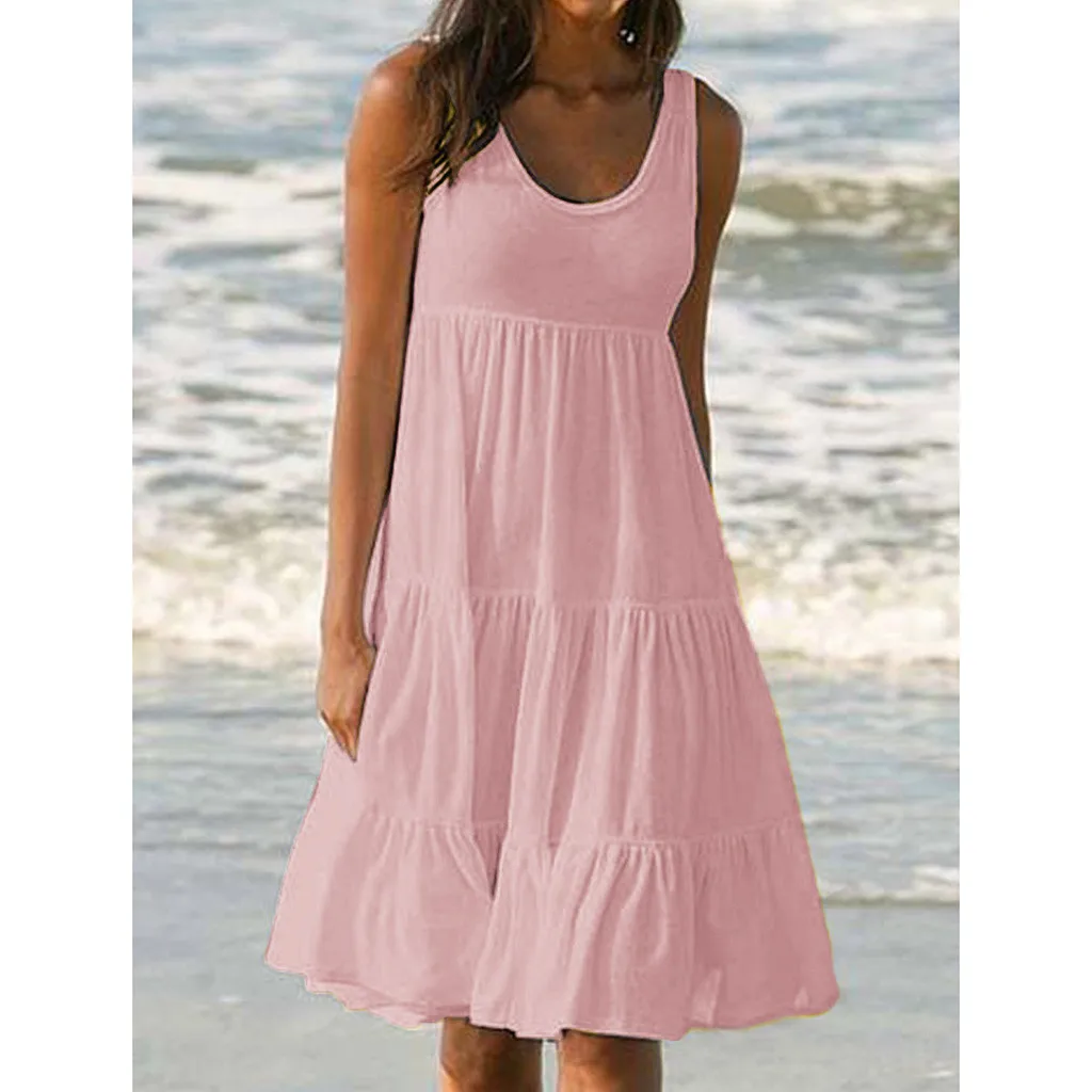 

Women Holiday Party Dress Famales Oversize Loose Patchwork Sundress Summer Female Sleeveless Pleated Sand Beachwear Dress