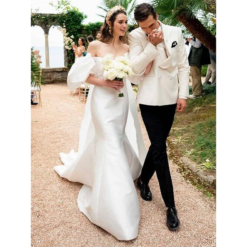 

Женское свадебное платье с юбкой-годе, сексуальное длинное платье с рукавами-фонариками и накидкой для невесты, простое платье с Атласным Ш...