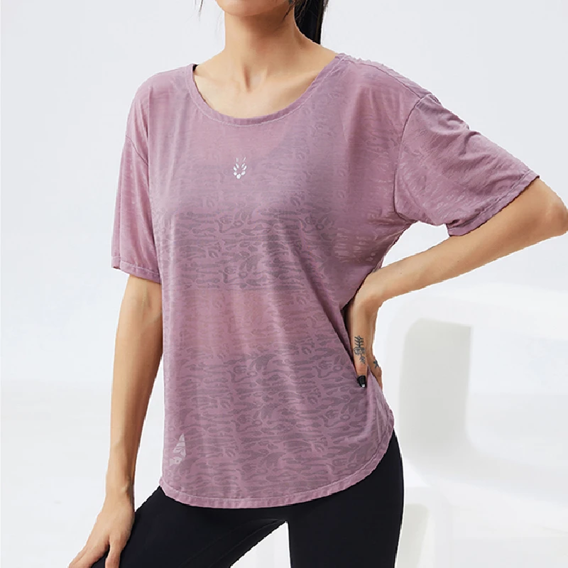 2022 Summer New Translucent Cutout Breathable Short Sleeve Loose Run Gym Workout Tops Women Fashion Yoga Fitness Sports Shirt