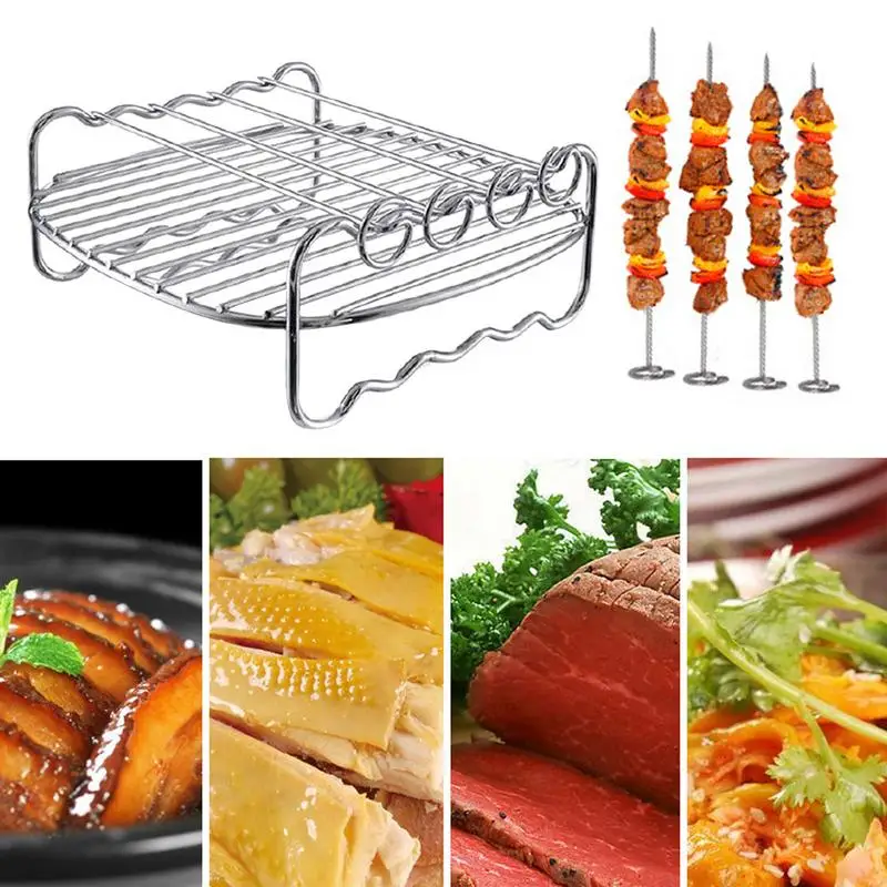 

Stainless Steel Holder Air Fryer Rack Versatile Double Layer Roasting Rack Round Grill Rack With Skewers Air Fryer Accessories