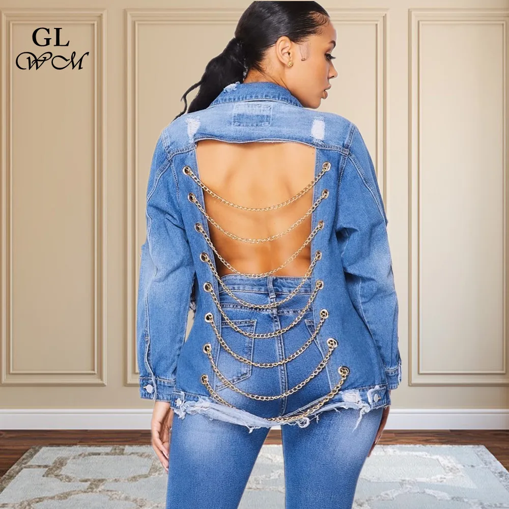 

S-3XL 2022 Ladies Denim Coats Streetwear Casual Sexy Backless Blue Long Sleeve Chain Jackets Women Wolesale Dropshipping