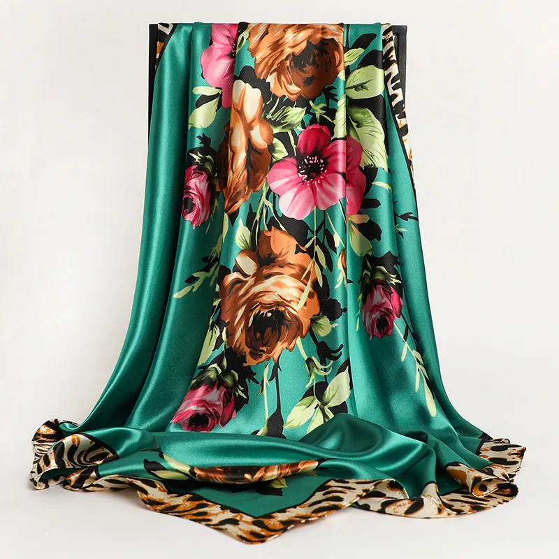 

90CM Square Leopard Flower Print Silk Satin Scarves Women Kerchief Neck Scarf Shawl Wrap Muffler Pareo Bandanna Hair Accessories