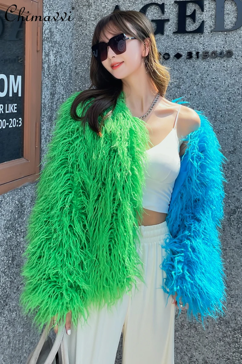 

2022 New Winter Clothes Fashion Color Contrast Stitching Furry Coat Blue Tan Wool Streetwear Faux Fur Coat Warm Jacket All-Match