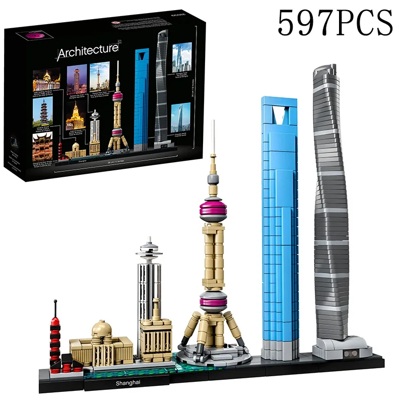 

2022 new 597pcs Architecture Skyline Collection Shanghai Building Blocks Assembly Classic Model Kit DIY Kids Bricks Toys Gift
