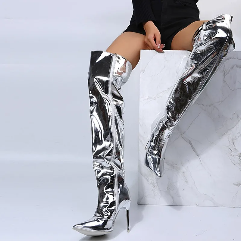 

Women Boots Mirror Platform Pointy Toe Punk High Thin Heels Over The Knee Long Boots Autumn Winter Zip Silver Casual Party Shoes