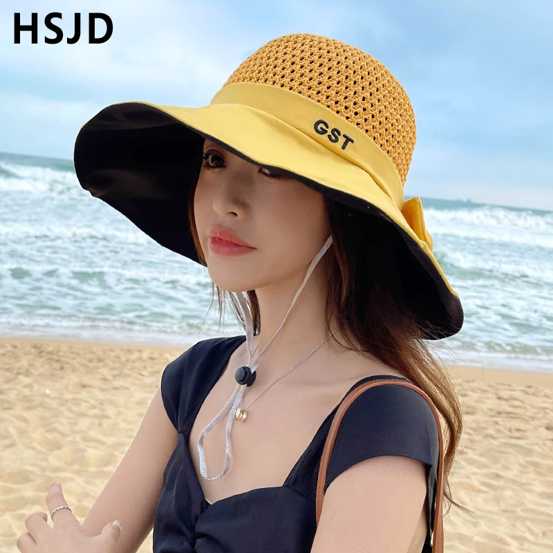 Шляпа от солнца с бантом и широкими полями женская складная пляжная Панама