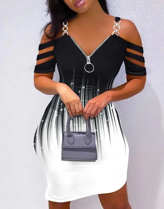 

Summer Dresses for Women 2023 Fashion Colorblock Cold Shoulder Casual V-Neck Short Sleeve Daily Mini Bodycon Dress Women's Dress