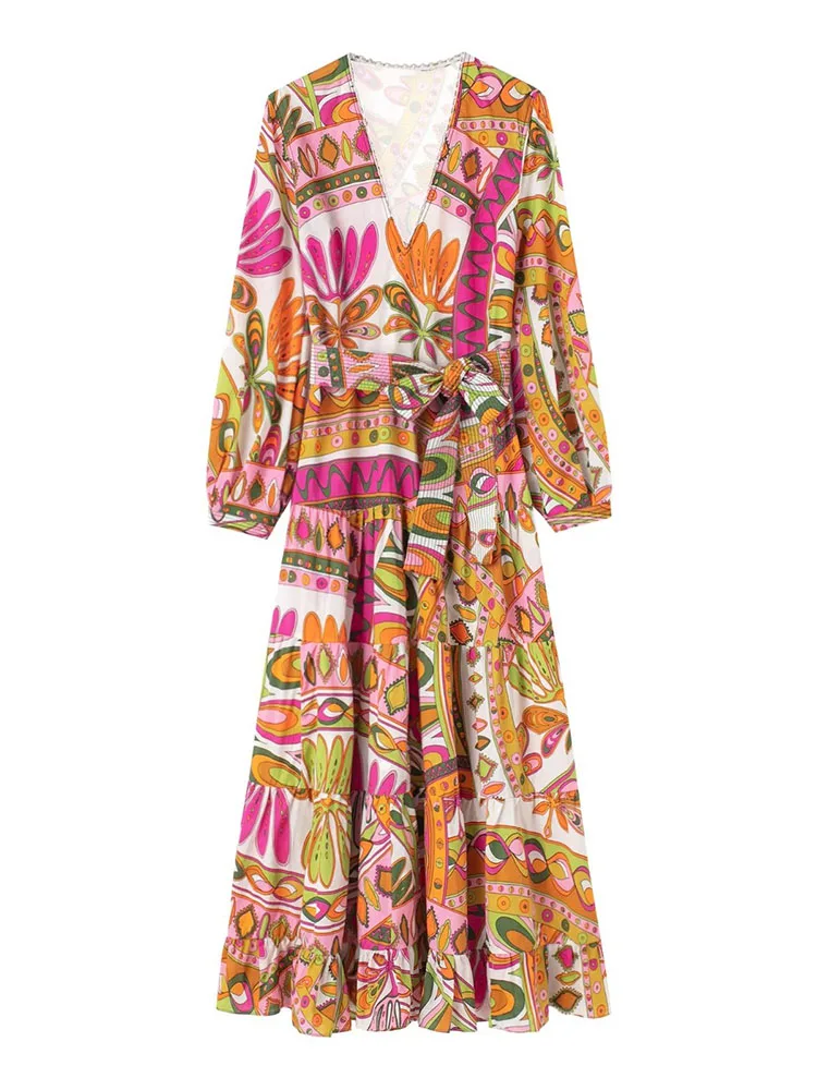 

YLJHQX 2022 весеннее женское модное платье с принтом, повседневное Свободное длинное платье с V-образным вырезом и поясом, женское длинное платье