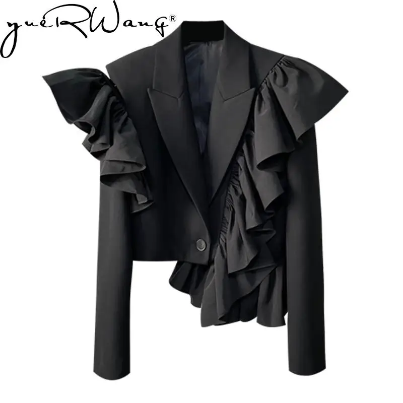 

Yuerwang Women Blazer Jacket New 2022 Spring Autumn Black Ladies Blazers Jackets Lotus Asymmetrical Irregular Long Sleeve Coat