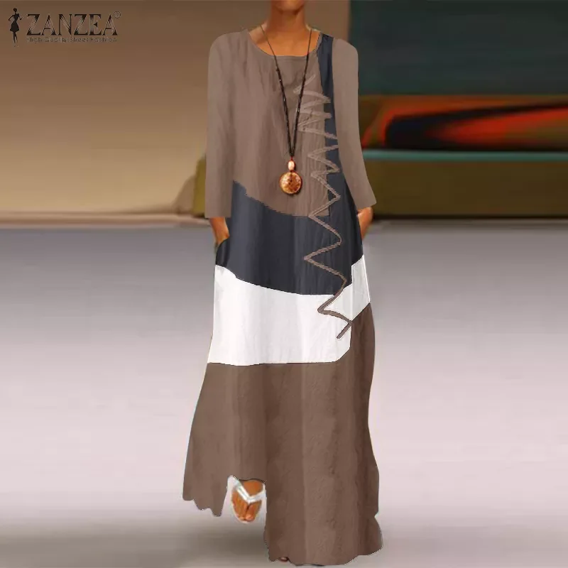 

2022 ZANZEA Vintage Women Dress Autumn Long Sleeve Cotton Linen Sundress Casual Color Pacthwork Maxi Long Vestido Robe Kaftan