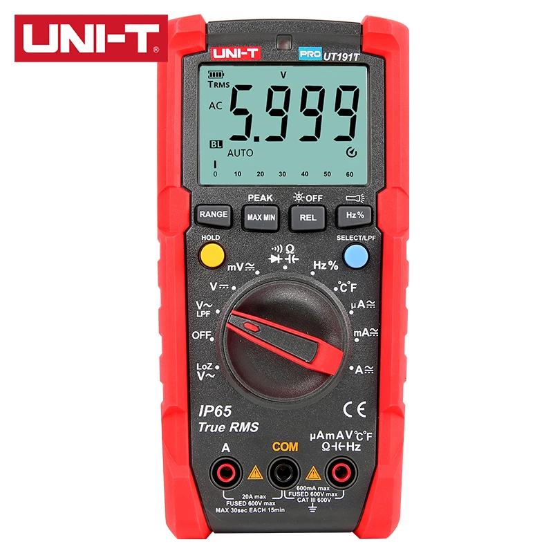 

UNI-T UT191E/UT191T True RMS Professional Multimeter CAT III 600V IP65 2m Drop Proof Auto Backlight 20A Current Measurement