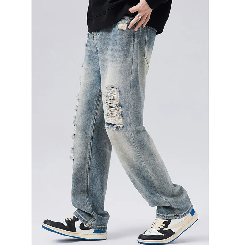Streetwear Men 2022 New Style Pattern Vintage Recreational Ripped  Jeans Loose Straight Cylinder Broad Leg Trousers Autumn Women