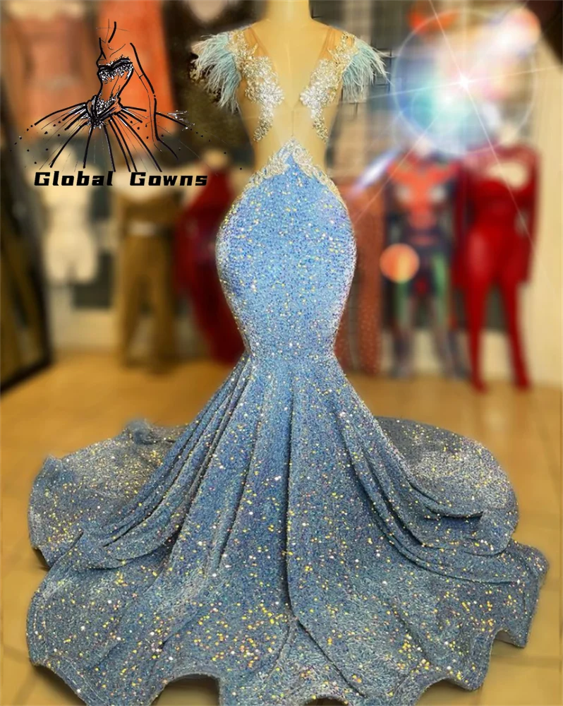 

Sky Blue Sequin Long Prom Dress 2023 Black Girls Beaded Crystal Celebrity Gown Feathers Evening Gowns Mermaid Robe De Bal