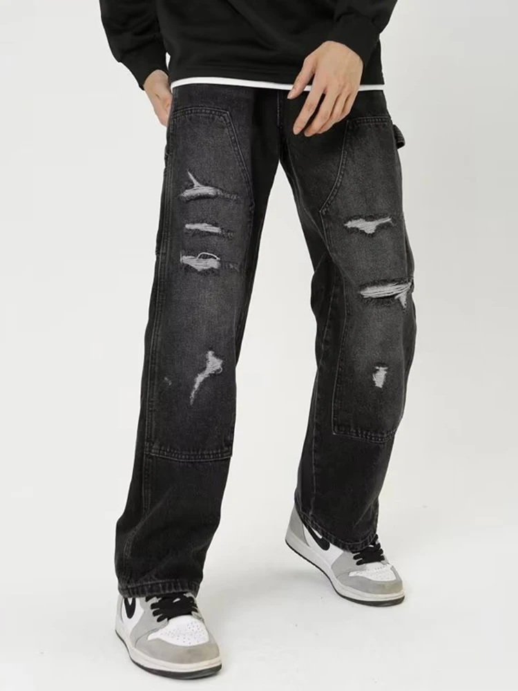 American Street Clothing Retro Trend Y2K MEN Jeans Casual Pants Loose Solid Color Casual Jeans Ripped Jeans Pants Men Denim