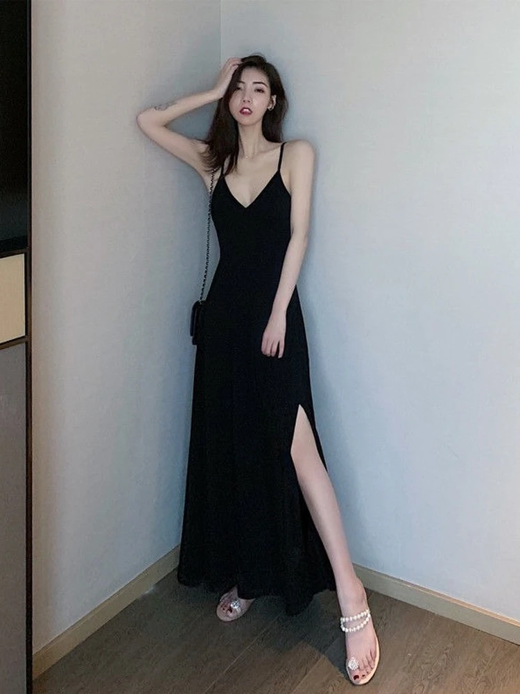 

QWEEK Summer Black Slip Long Dress Women Korean Fashion Backless Wrap Slim Sexy Split Dresses Kpop 2022 Causal Outfits Female