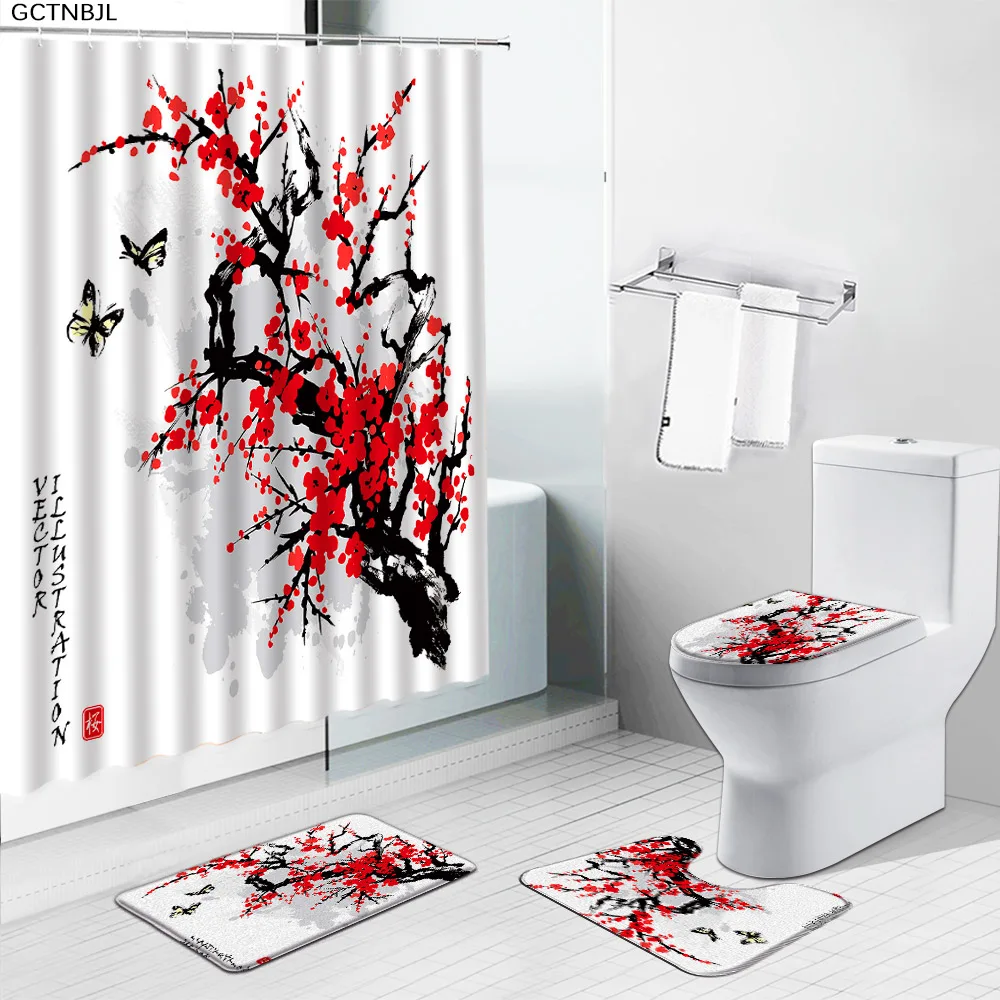 

4PCS Sets Red Plum Tree Shower Curtain Bath Rugs Ink Flowering Plants Landscape Bathroom Decoration Foot Mat Toilet Cover Carpet
