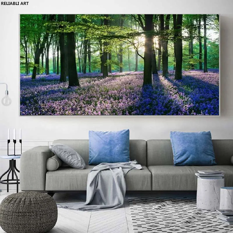 

Poster Nature Landscape Green Forset Purple Flower Canvas Picture Wall Art Painting Home Living Room Decor Scandinavian Prints