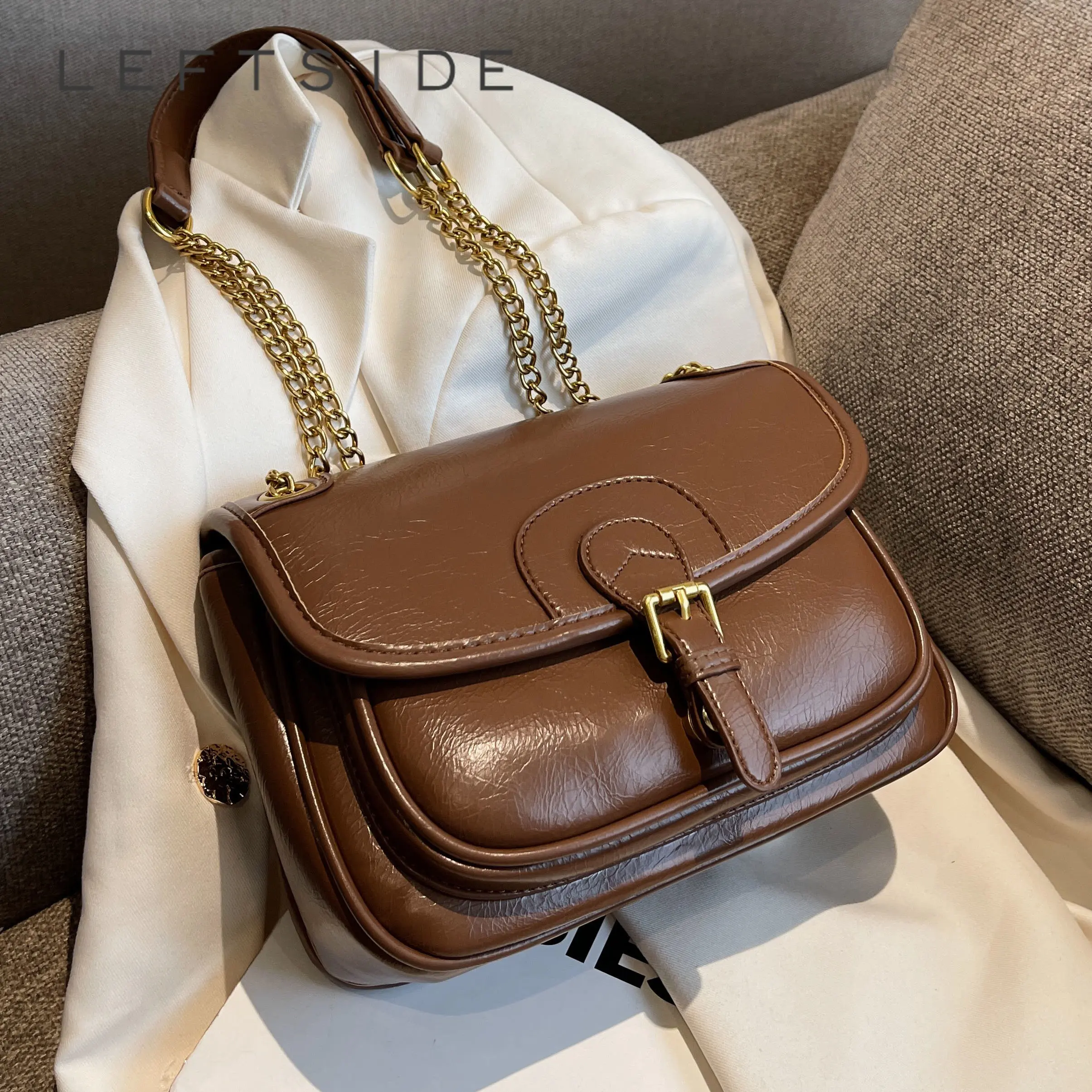 

LEFTSIDE Crossbody Bags for Women 2022 Winter Latest Trend Designer Retro Small Chain Handbags Female Solid Color Hand Bag