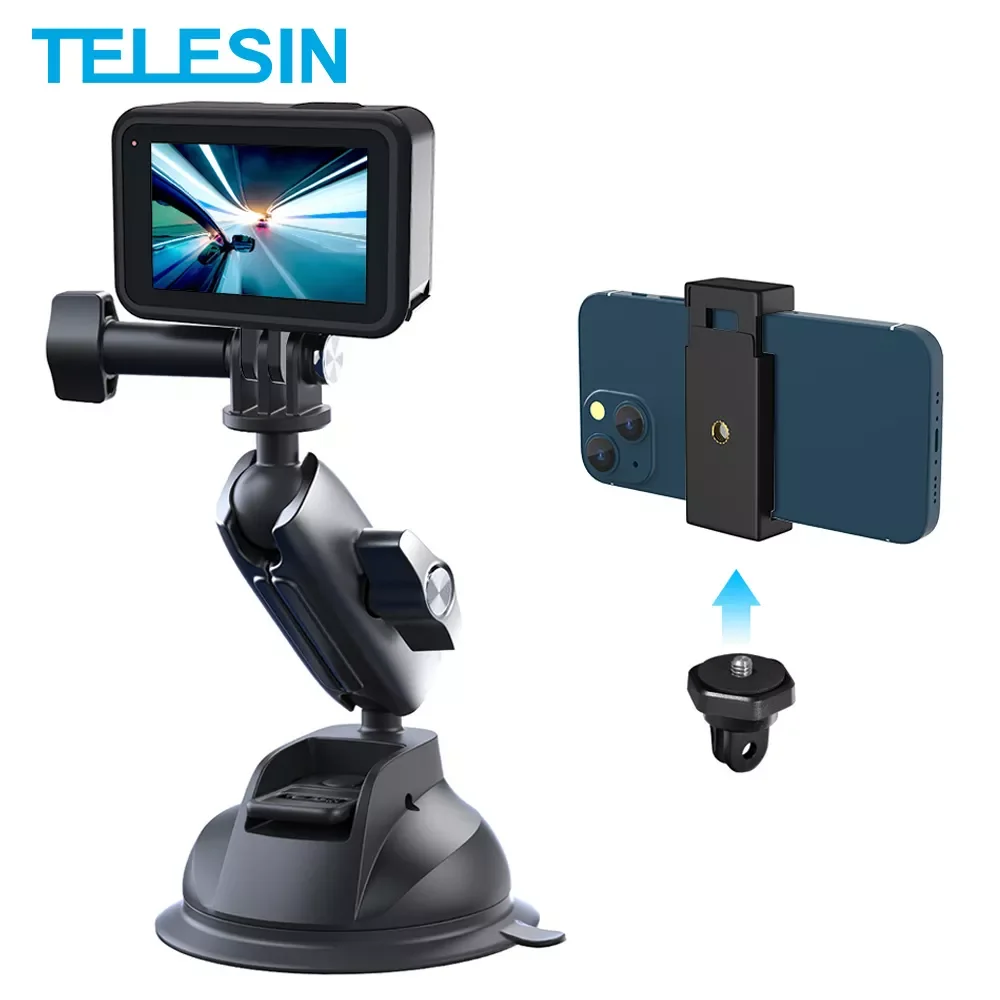

TELESIN Car Phone Holder Suction Cup 360° Adjustable 1/4 Standard Adapter For GoPro 10 9 Insta360 Osmo Action SJCAM Mobile Phone