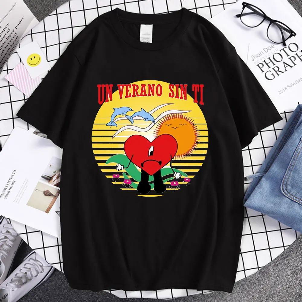 

Футболка с принтом музыкального альбома Bad Bunny UN VERANO SIN TI, Милая футболка для пар, футболки в стиле хип-хоп с коротким рукавом, футболка большо...