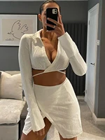 sexy solid ruched skirt sets sexy deeep v neck flare long sleeve crop top female split bodycon mini skirt party club outfits