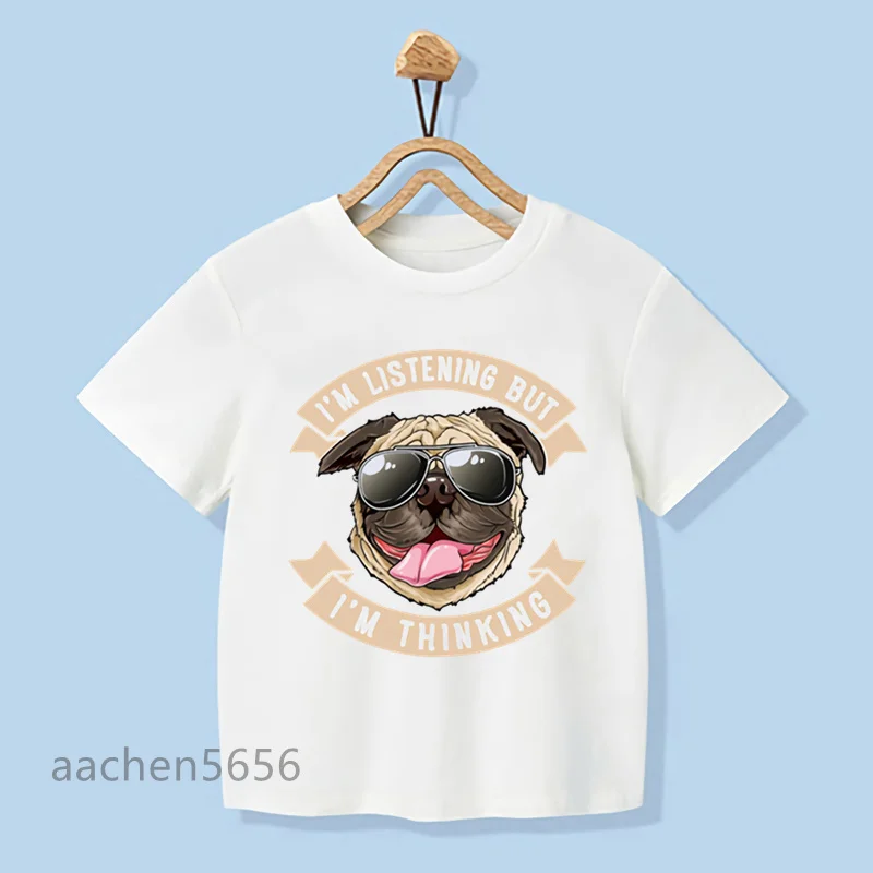 Girls Boys Cool Pug Roller Skating Animal Print T-shirt Summer Fashion Kawaii Kids Clothes Funny Dog Top,Drop Ship
