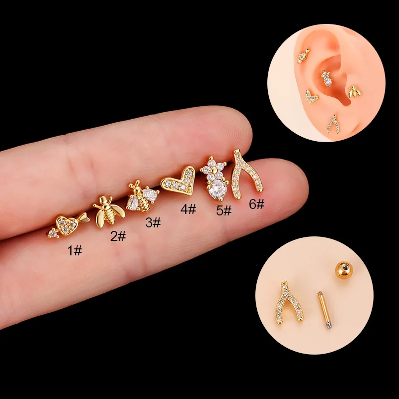 

1PC 20g Stainless Steel Stud Earrings For Women Heart Bee Zircon Cartilage Earring Ear Bone Nail Screw Piercing Jewelry