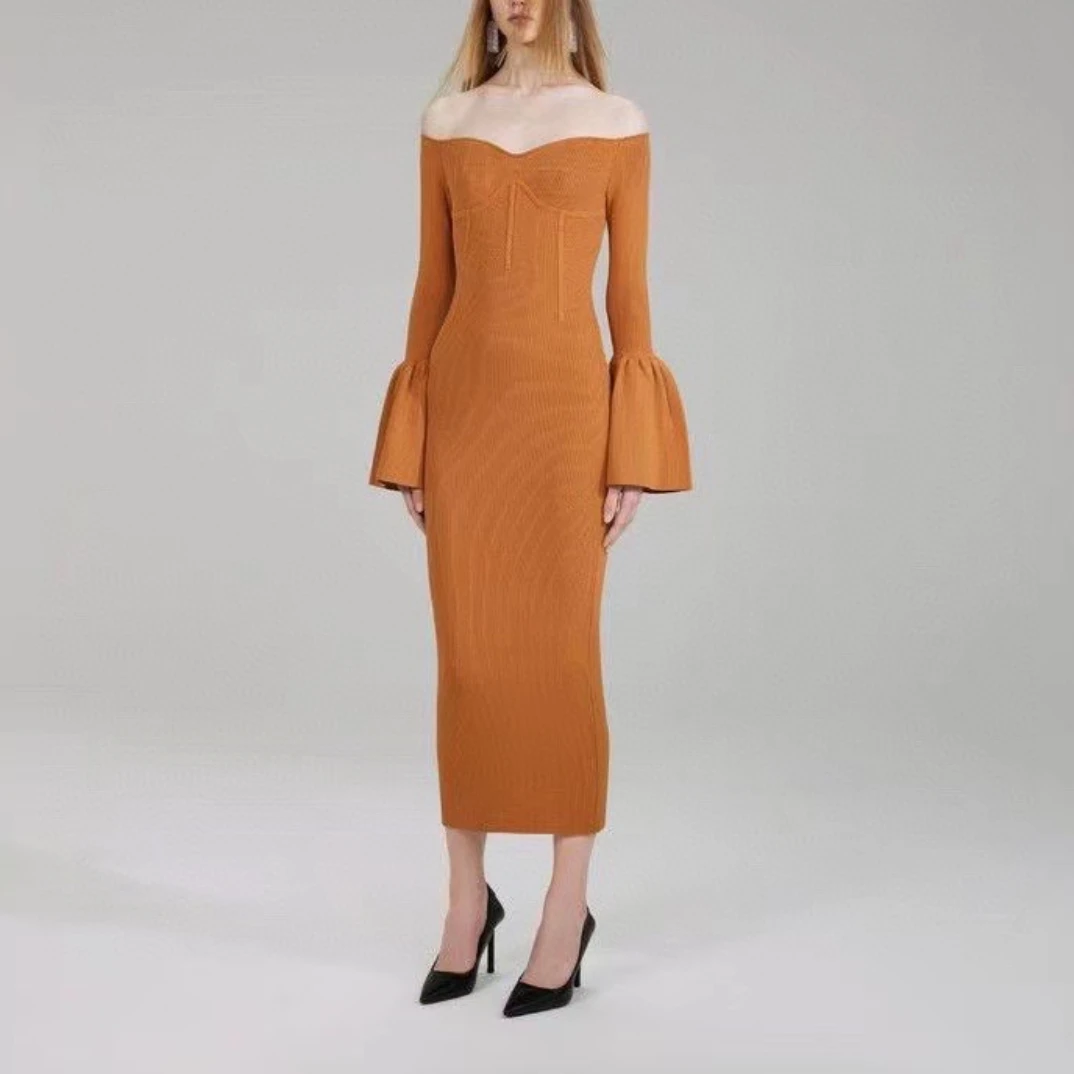 

Elegant 2022 Autumn Top Quality Texture Stretchable Slash Shoulder Solid Ginger Flare Sleeve Bodycon Midi Knit Dress Women