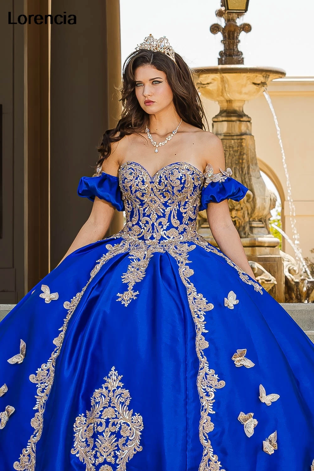 Lorencia мексиканское Королевское синее платье Quinceanera бальное Золотая бабочка
