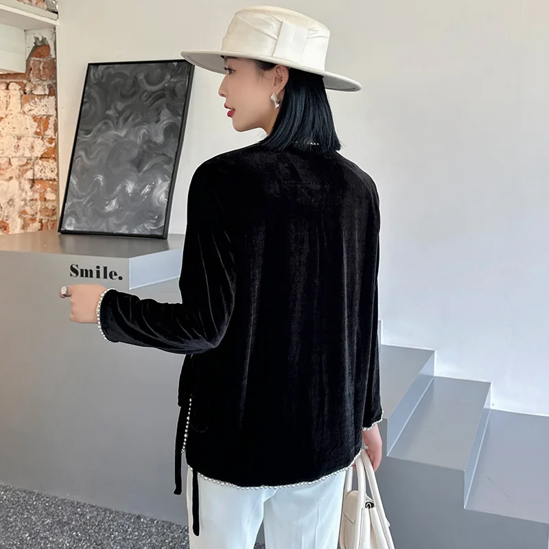 Винтажная блузка с бусинами черная бархатная рубашка в китайском стиле модные