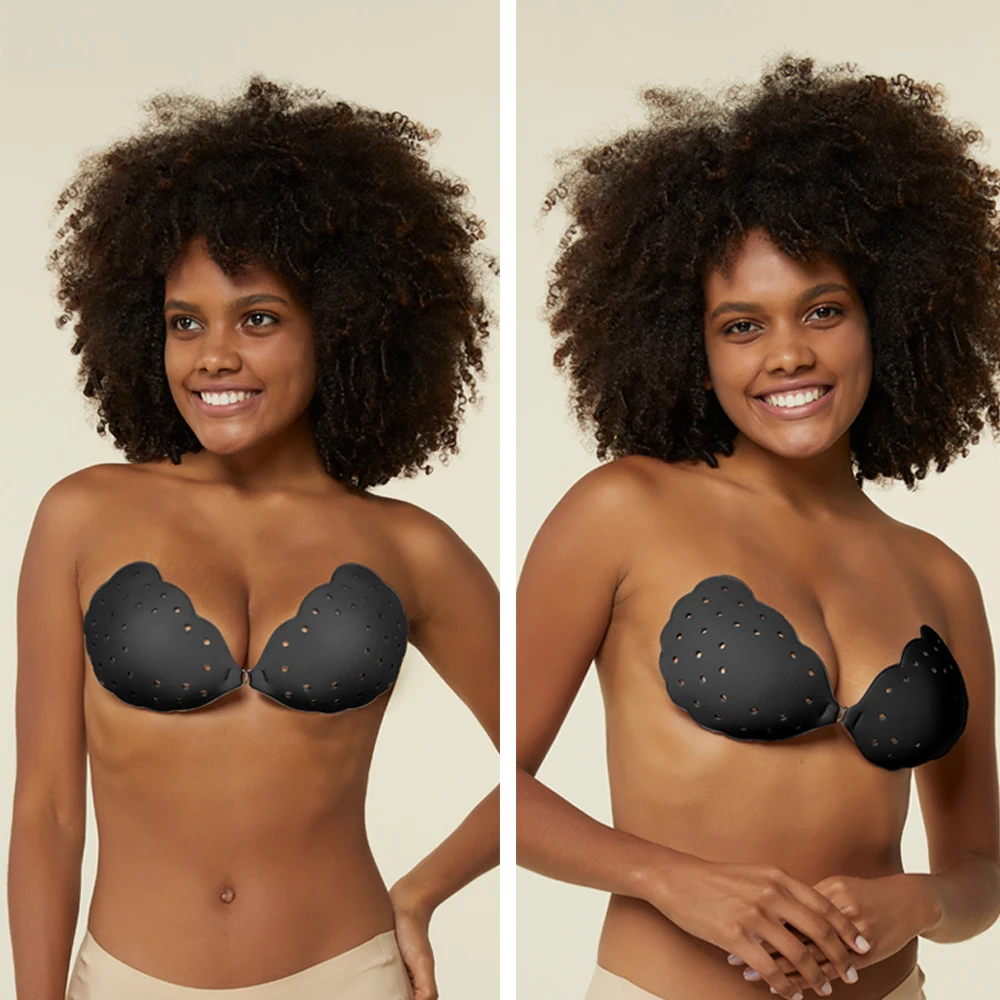 Niidor Adhesive Sticky Bra Invisible Strapless Breathable Skin Friendly Push Up Bras with Silicone Nipple Covers for Women Dress