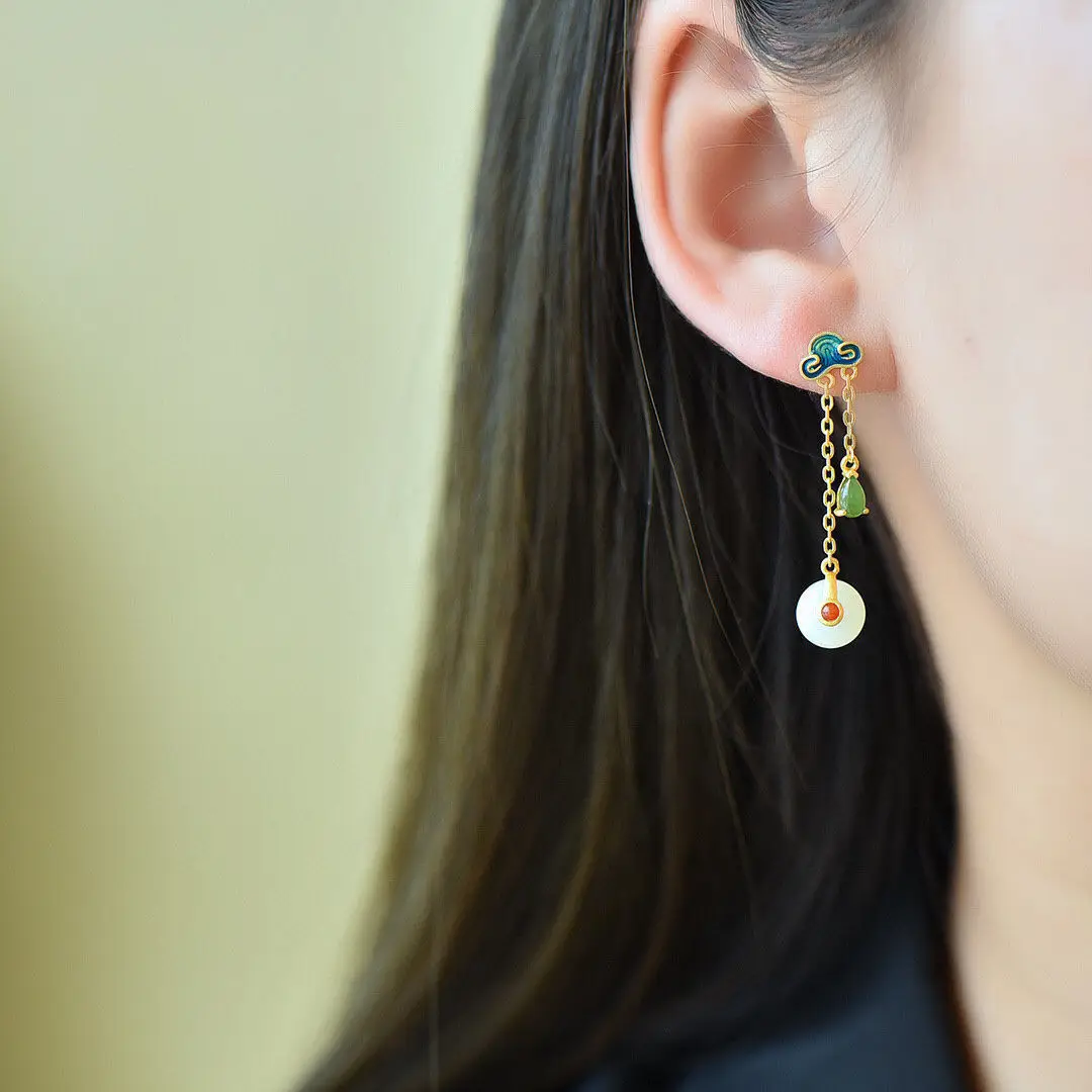 

High Quality S925 Silver Gold Plated Jade Earrings For Women Designer Luxury Aesthetic Vintage Ear Studs Crystal Korean Style