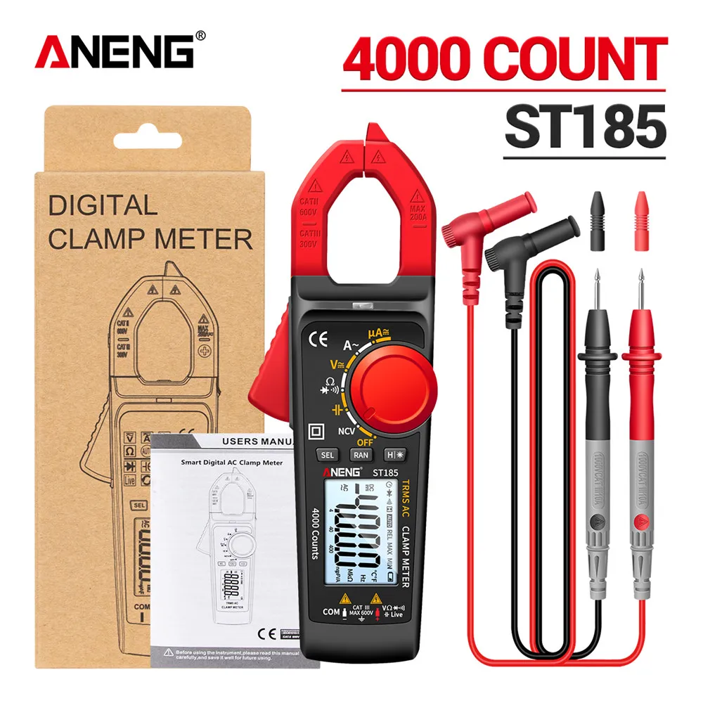 

ANENG ST185 Digital Clamp Meter Multimeter 4000 Counts True RMS 200A Ammeter Voltage Tester Hz Capacitance NCV Ohm Diode Test