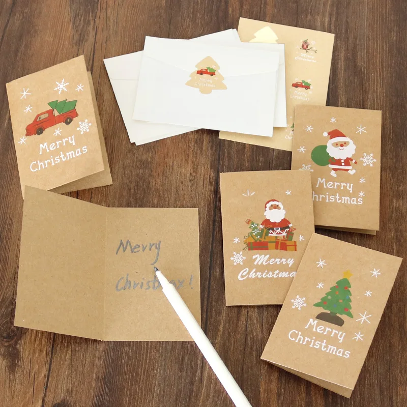 

6pcs Merry Christmas Greeting Card with Envelope Stickers Kraft Paper Message Cards Postcard Xmas Noel Blessing New Year Decor