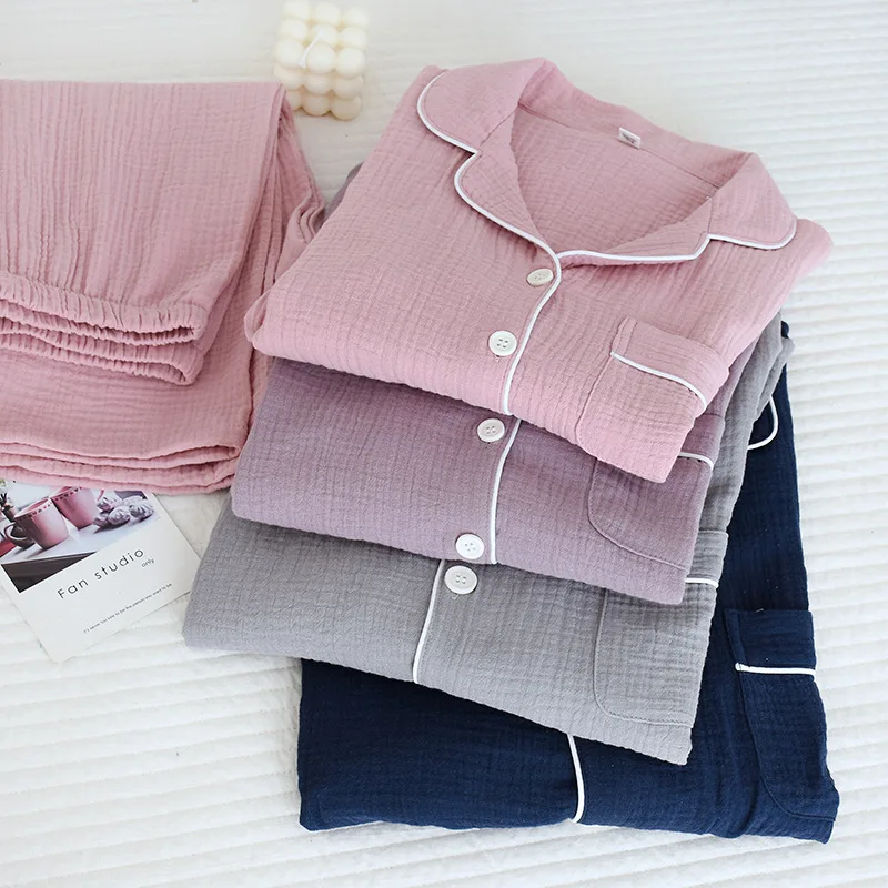 Home Suit for Women Pajamas New Gauze Sleepwear Women's Pajamas Free Shipping Lapel Cotton Long Sleeve Summer Thin Style Crepe