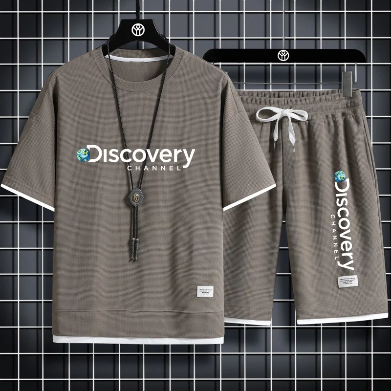 

Summer Discovery Men;s Two Piece Set Linen Fabric Casual T-Shirt and Shorts Set Mens Sports Suit Fashion Short Sleeve Tracksuit