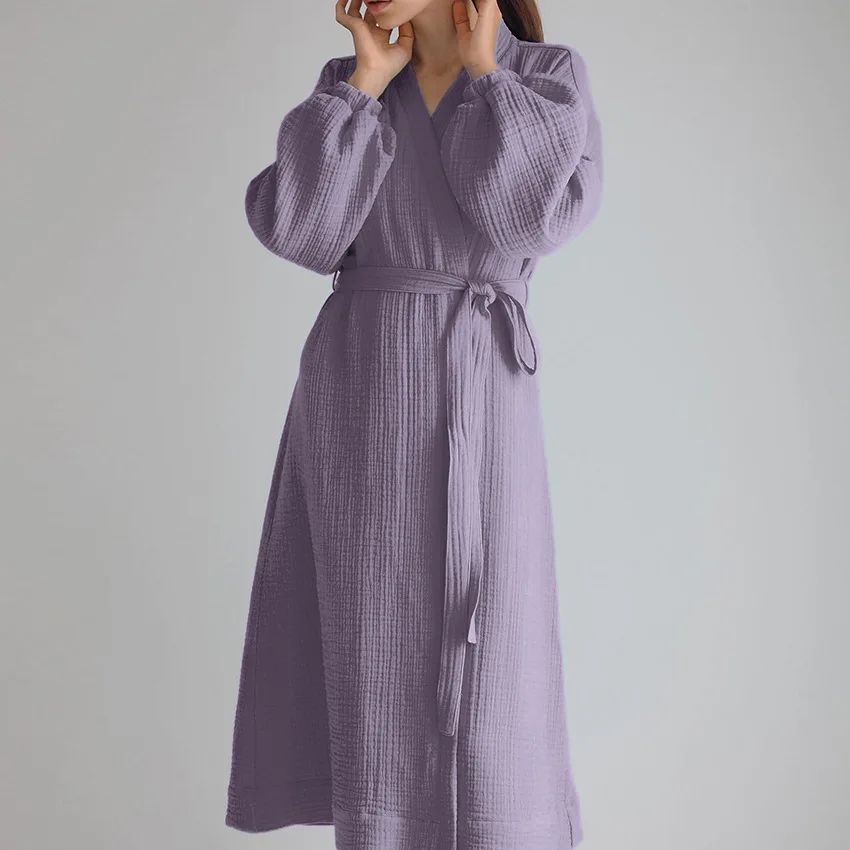 BKQU Solid Color Sleepwear Women's Pajams Puff Sleeves Bathrobe Female Nightwear Cotton Robes Home Wear Autumn Loungewear 2023