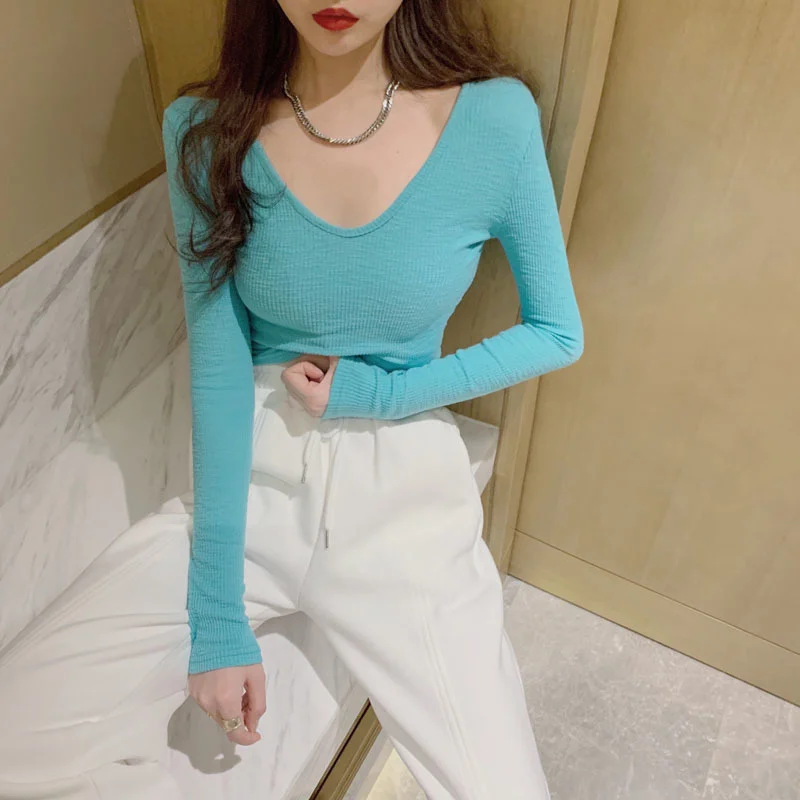 

Simple T-shirt TVVOVVIN Women Long Sleeve Spring Autumn Slim Blue V-neck Tshirt Women Tees Korean Hot Sexy Tops 2022 T63J