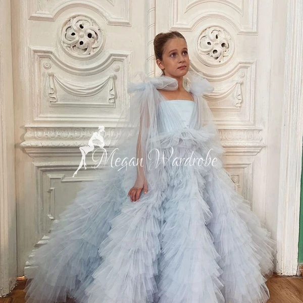 

Elegant Sky Blue Girls Gowns A-line Tiered Ruffles Long Tulle Dress Kids Puffy Lush Ruffled Mesh Birthday Party Dresses