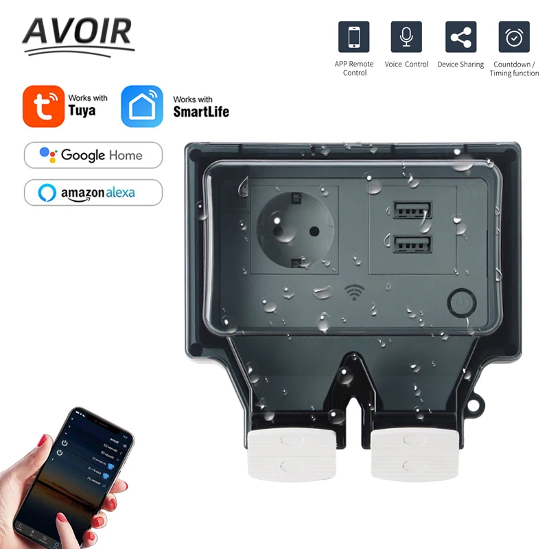 

Avoir IP66 Tuya Smart Waterproof Socket Outdoor Wall Power Electrical Outlet With Cover Wifi Connected EU Plug With Usb Charging