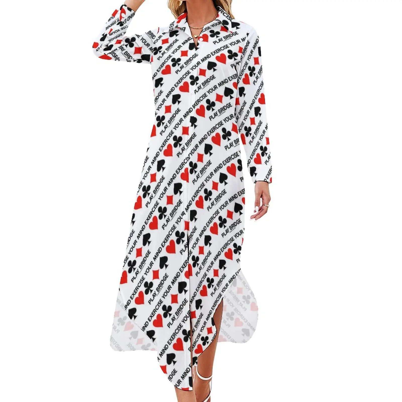 

Playing Cards Casual Dress Four Card Suits Print Aesthetic Dresses V Neck Festival Chiffon Dress Long Sleeve Vestido Big Size