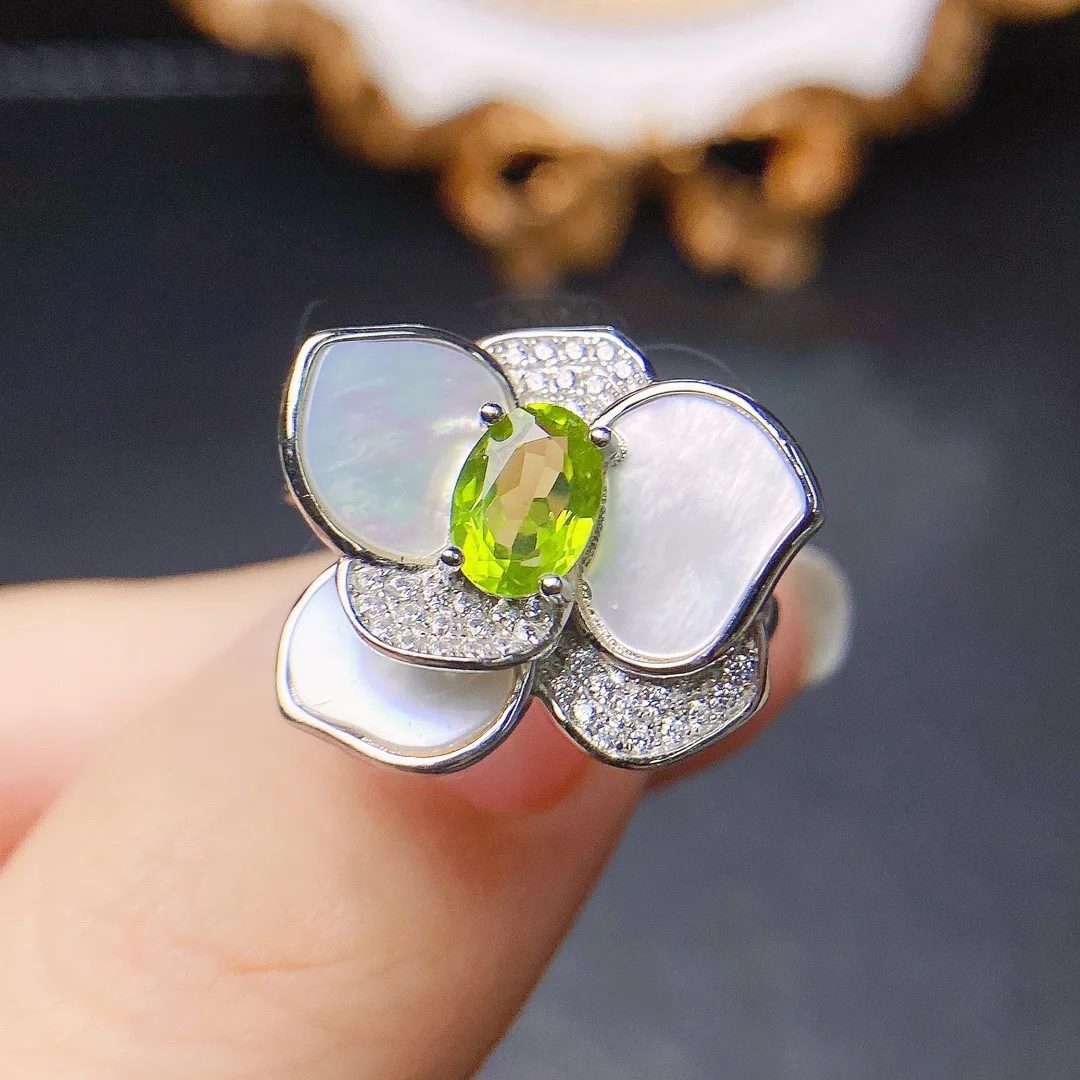 

FS S925 Sterling Silver Inlay Natural Olivine Ring Earrings Set With Certificate Fine Charm Weddings Jewelry for Women MeiBaPJ