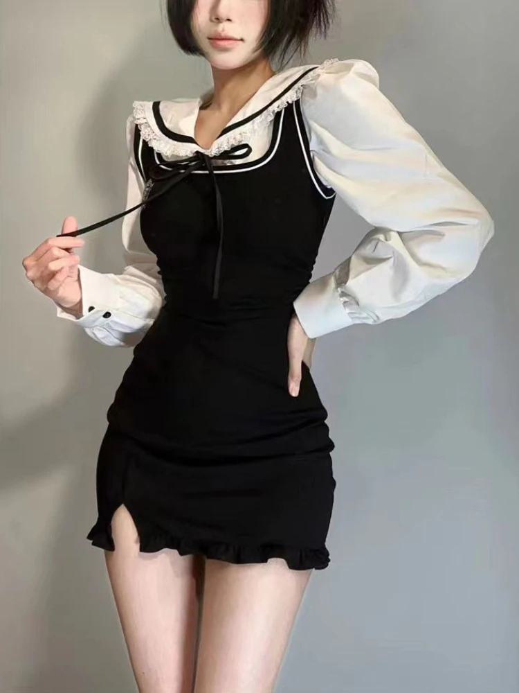 

Deeptown Y2k Preppy Style Mini Corset Dress Women Korean Coquette School Uniform Ruffles Two Pieces Long Sleeve Bodycone Dresses