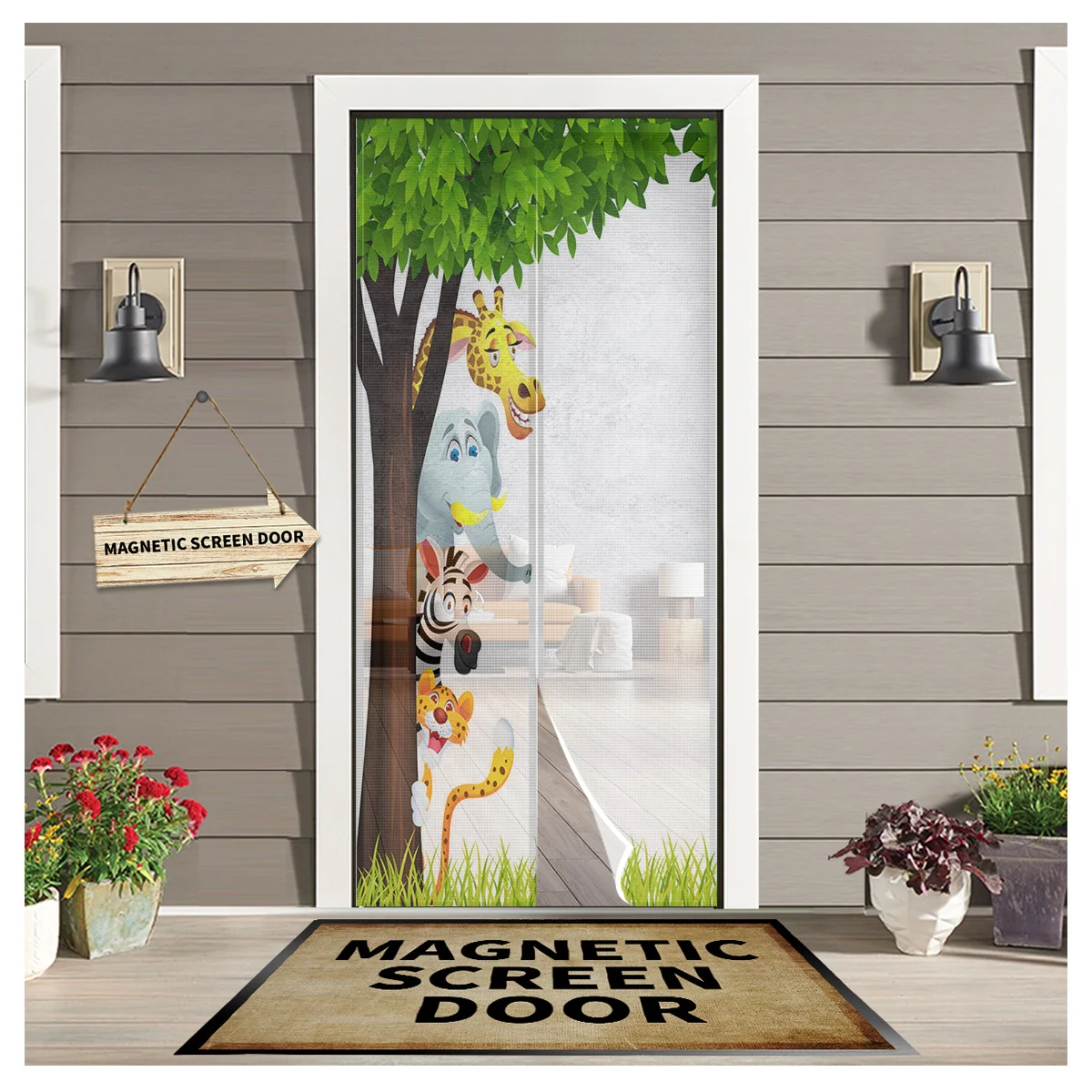 

Jungle Forest Cartoon Animal Lion Elephant Kitchen Door Curtain Mosquito-proof Window Screen Bedroom Magnetic Door Curtain