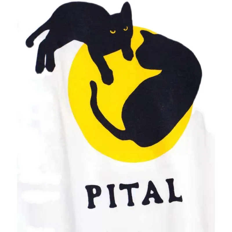 KAPITAL Hirata Хироши Черный кот и луна синяя окрашенная футболка с короткими рукавами