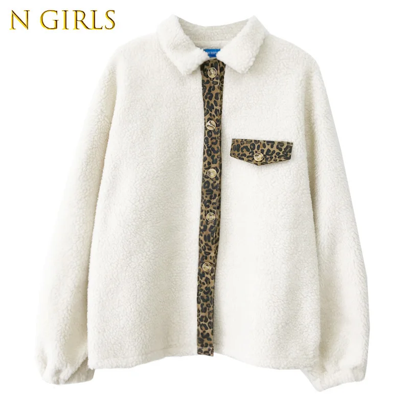 

2021 Korean Cashmere Autumn Winter Coat Women Wool Fluffy Warm Fleece jacket Leopard Plush Single Breasted Turn-down Collar Coat