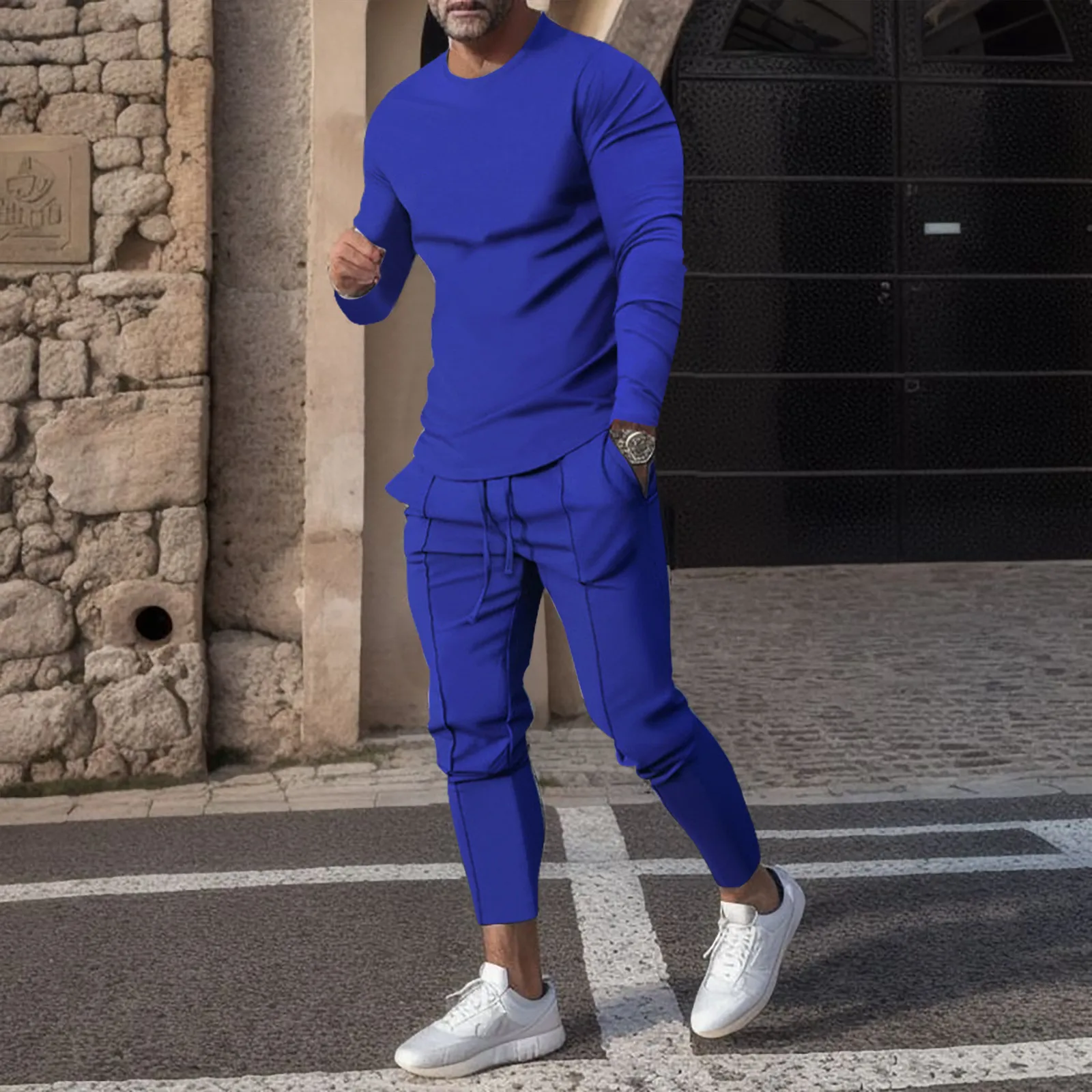 

2023 мужской повседневный однотонный костюм из двух предметов, топ с круглым вырезом и длинными рукавами, блузка, спортивный костюм, Осенние штаны с завязками, спортивный костюм