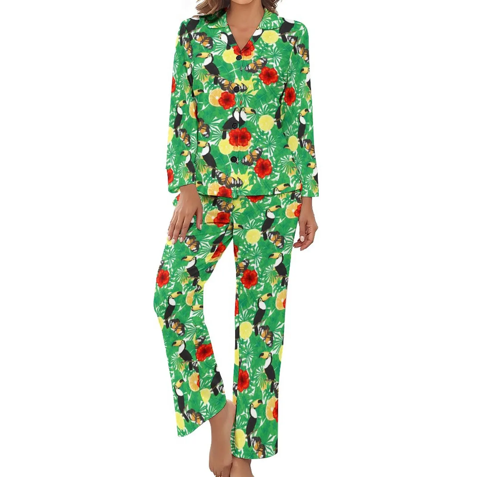 

Tropical Birds Pajamas Red Flower Print Sleep V Neck Sleepwear Lady Two Piece Design Long-Sleeve Retro Pajamas Set