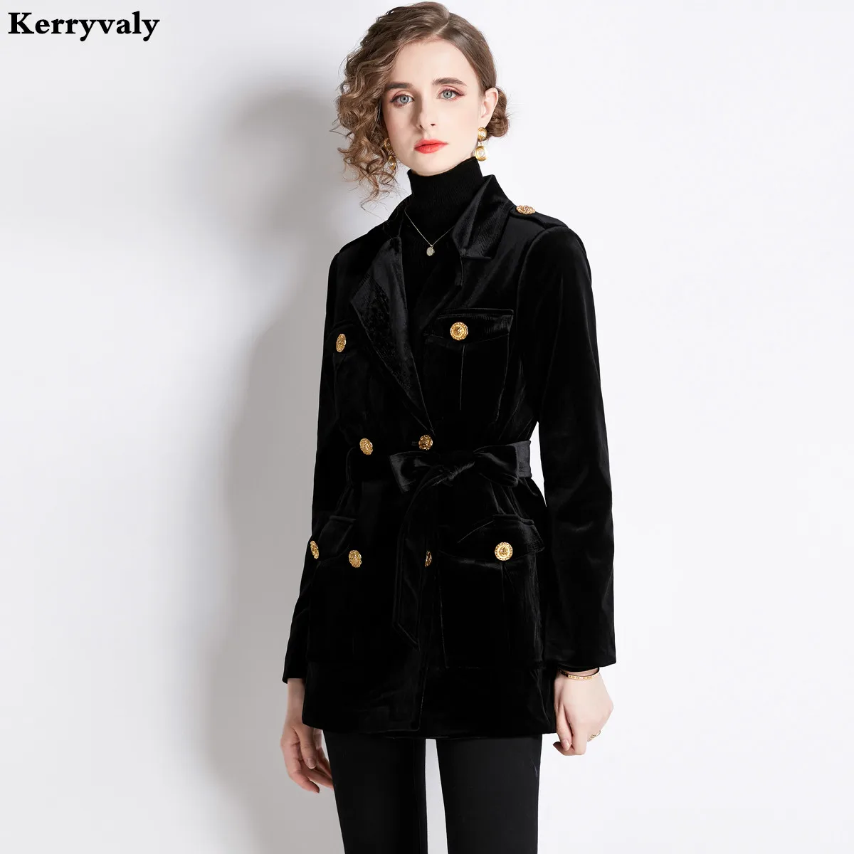 Hepburn Style Draw Waist Thick Black Velvet Suit Jacket Women Winter Coat Casacos Femininos Inverno 2023 Chaqueta Mujer K1930